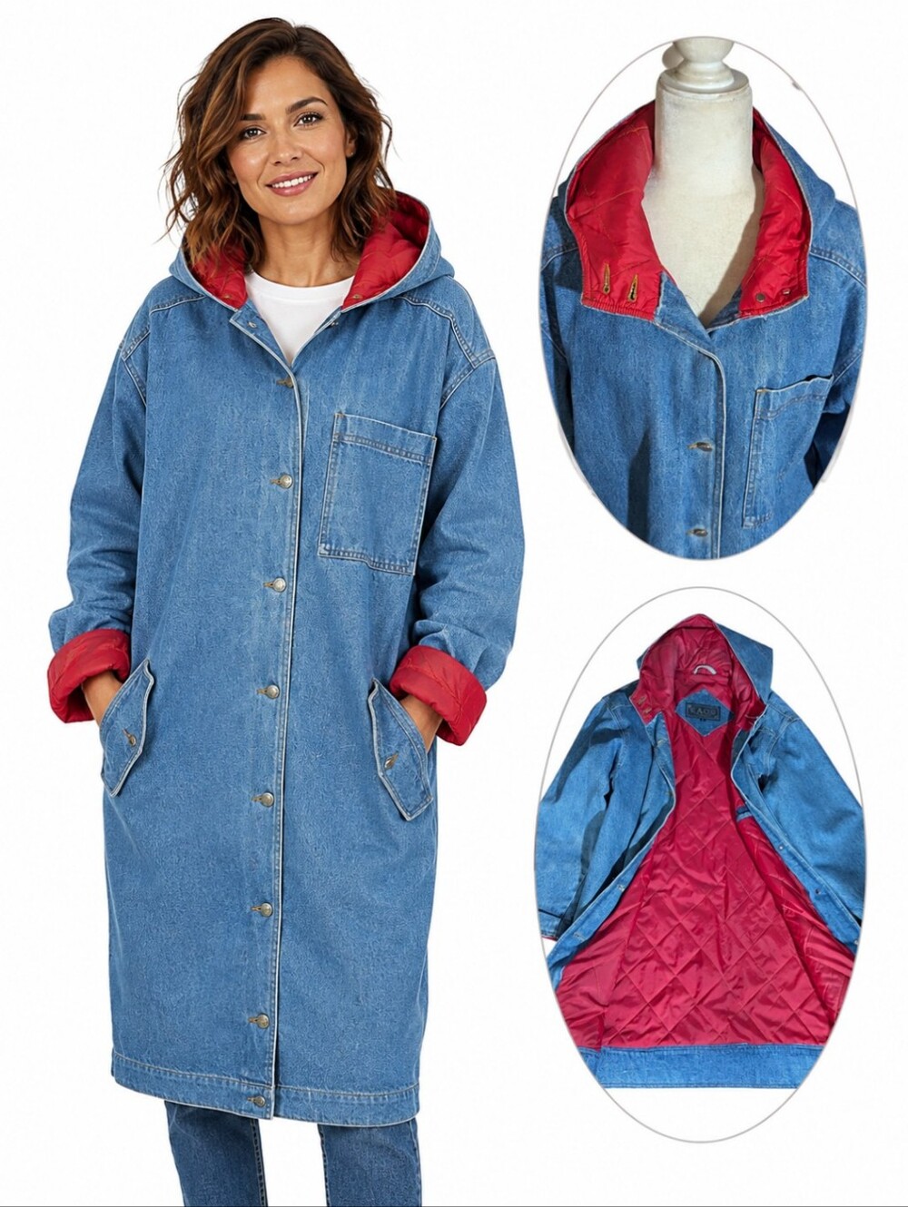 Vtg Kaos By Andy Johns Oversized Denim Hooded Duster Jacket Quilted Red Lining S